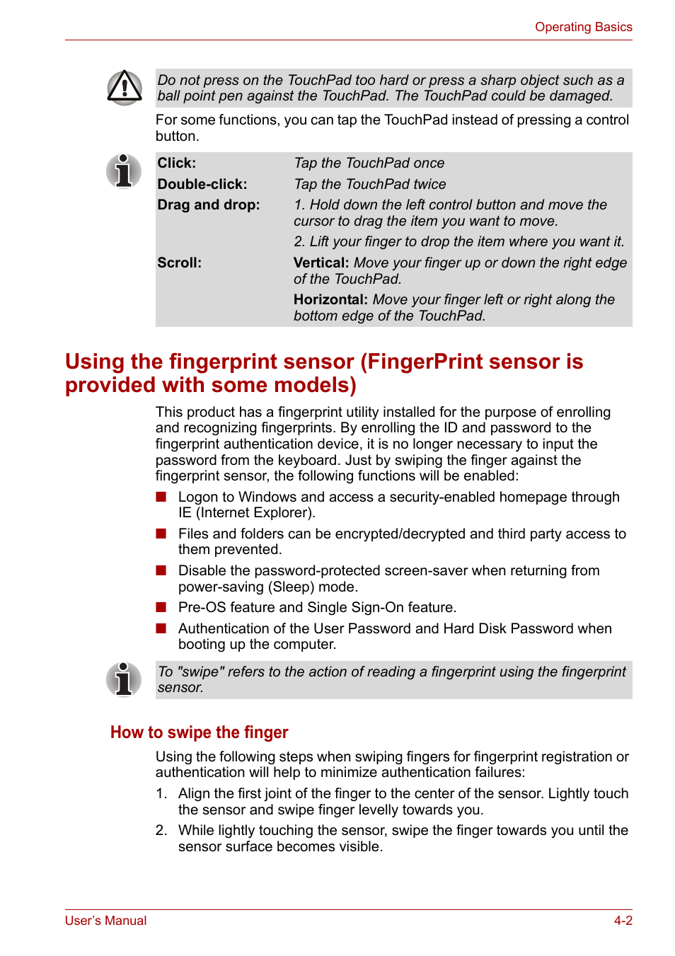 To the, Using the fingerprint, Sensor (fingerprint sensor is provided with some | Models), How to swipe the finger | Toshiba Equium P300 User Manual | Page 75 / 199