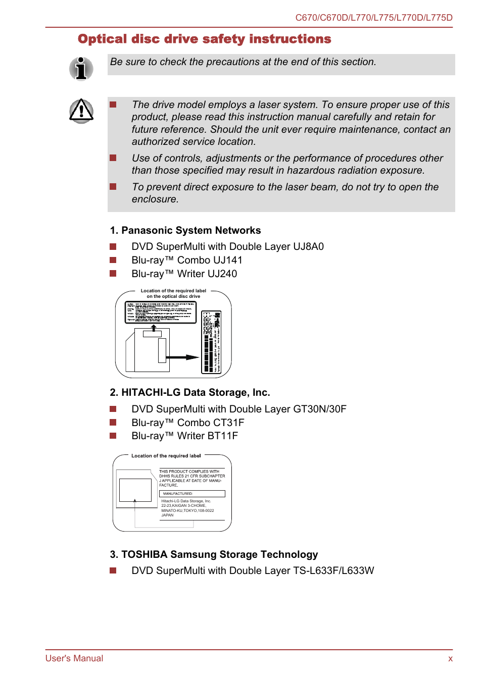 Optical disc drive safety instructions | Toshiba Satellite L775D User Manual | Page 10 / 165