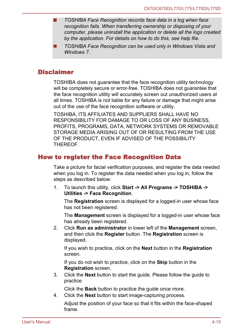 Disclaimer, How to register the face recognition data | Toshiba Satellite L775D User Manual | Page 100 / 165
