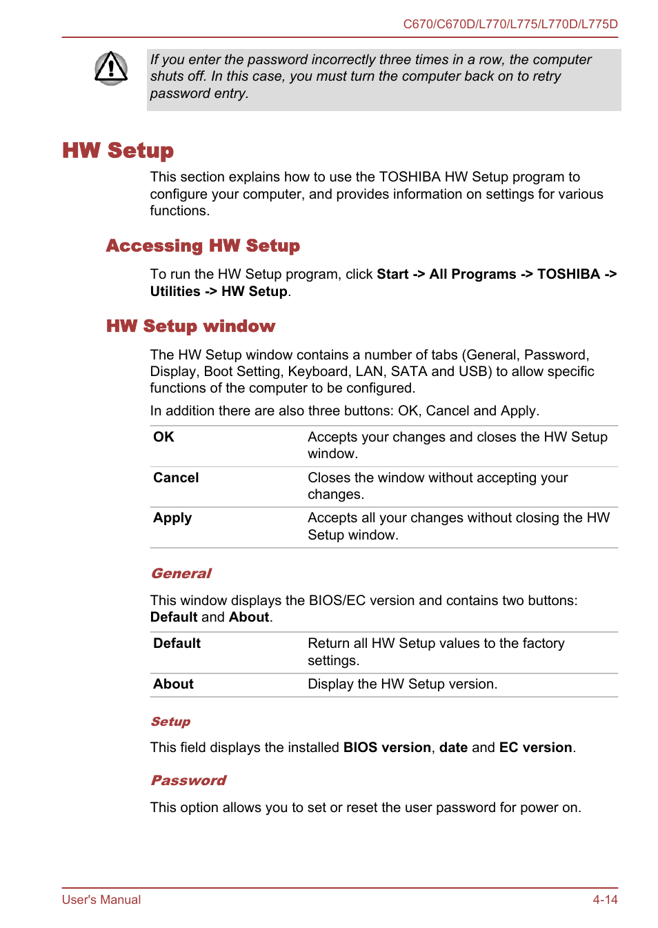 Hw setup, Accessing hw setup, Hw setup window | Hw setup -14 | Toshiba Satellite L775D User Manual | Page 104 / 165