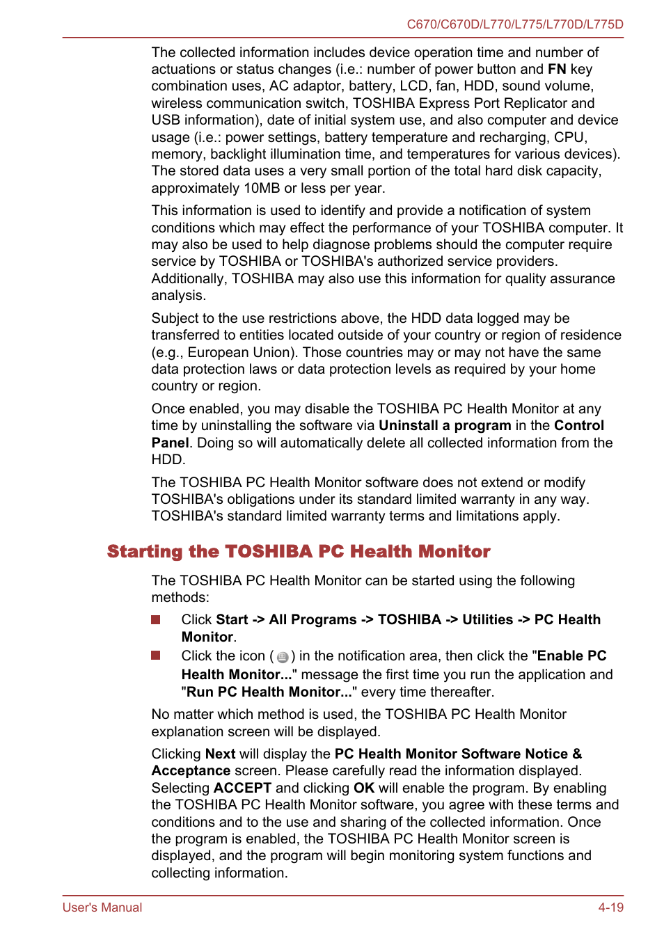 Starting the toshiba pc health monitor | Toshiba Satellite L775D User Manual | Page 109 / 165