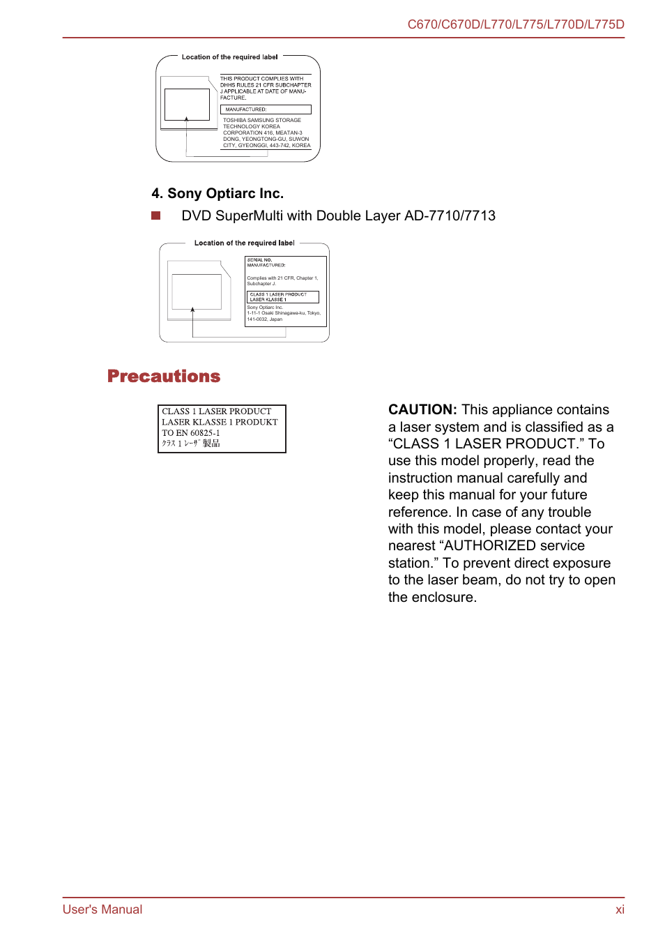 Precautions | Toshiba Satellite L775D User Manual | Page 11 / 165