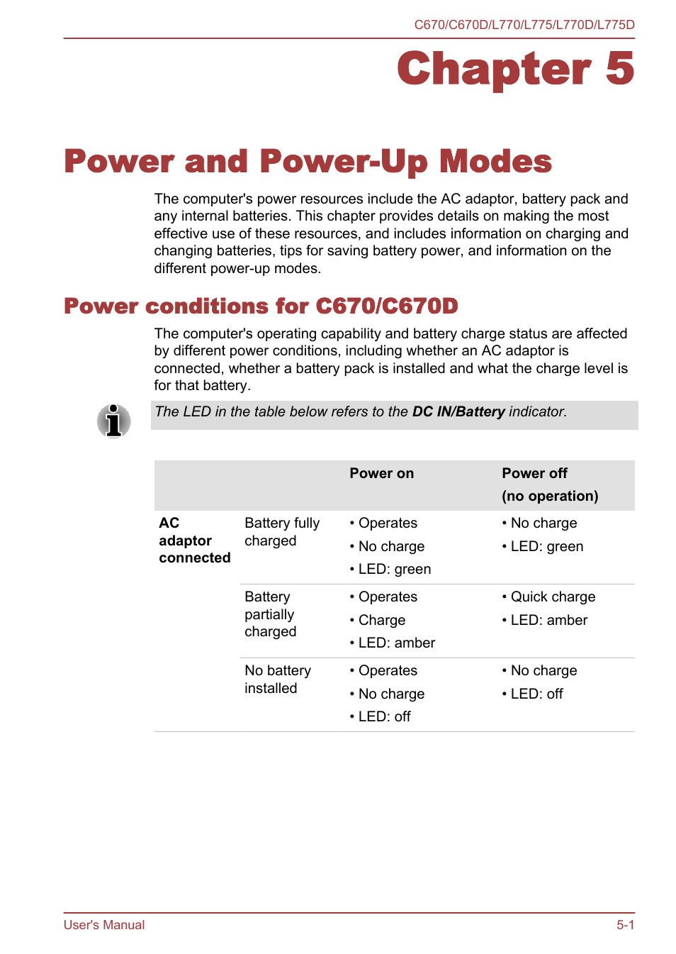 Chapter 5 power and power-up modes, Power conditions for c670/c670d, Chapter 5 | Power and power-up modes, Power conditions for c670/c670d -1, Power, And power-up modes | Toshiba Satellite L775D User Manual | Page 114 / 165