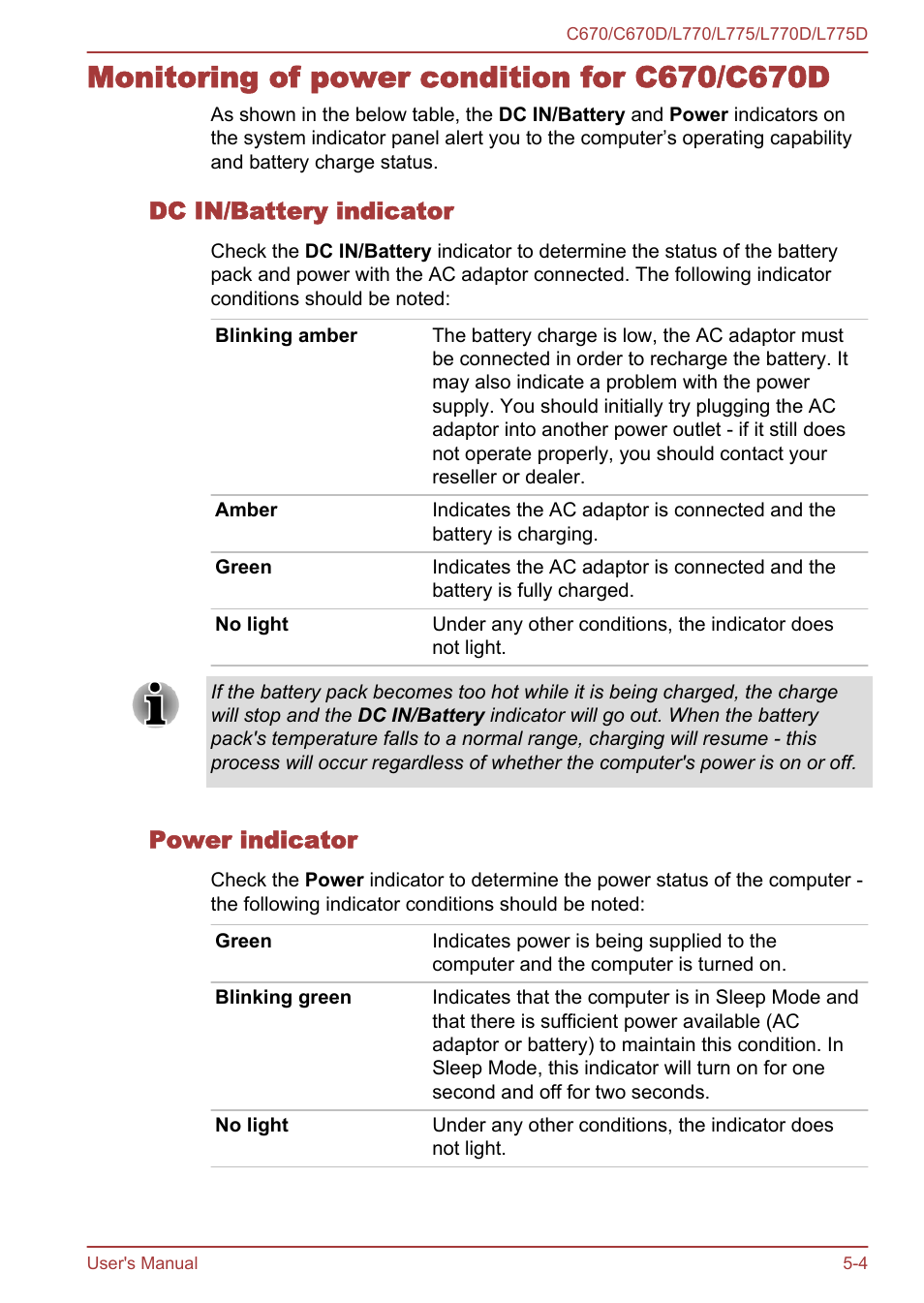 Monitoring of power condition for c670/c670d, Dc in/battery indicator, Power indicator | Monitoring of power condition for c670/c670d -4 | Toshiba Satellite L775D User Manual | Page 117 / 165