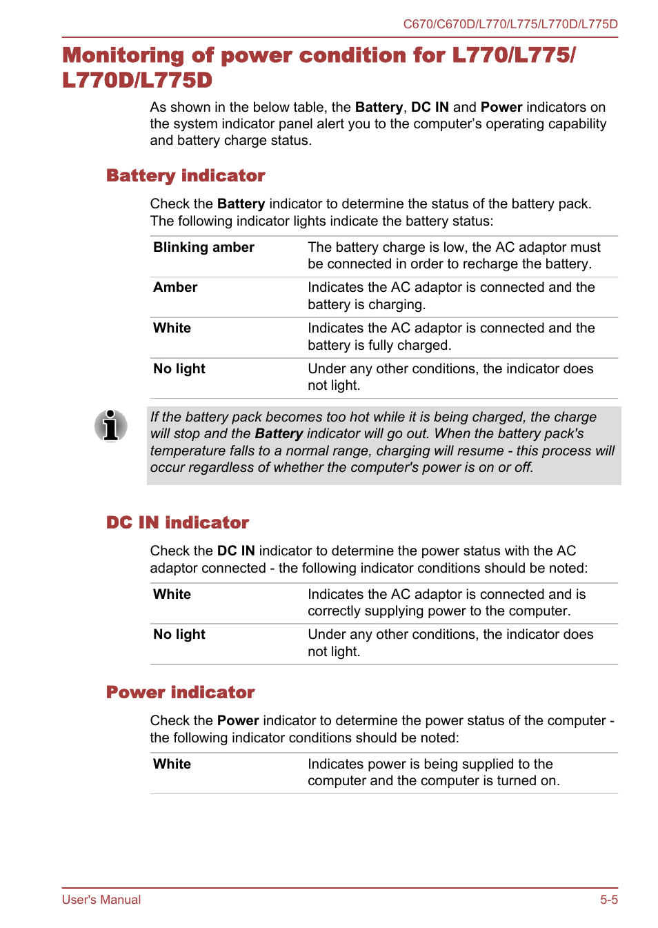 Battery indicator, Dc in indicator, Power indicator | Toshiba Satellite L775D User Manual | Page 118 / 165
