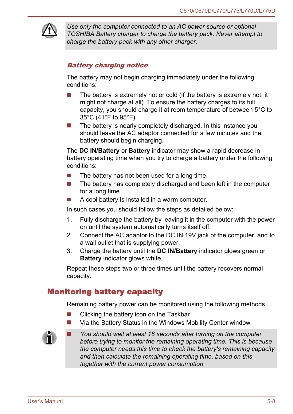 Monitoring battery capacity | Toshiba Satellite L775D User Manual | Page 121 / 165