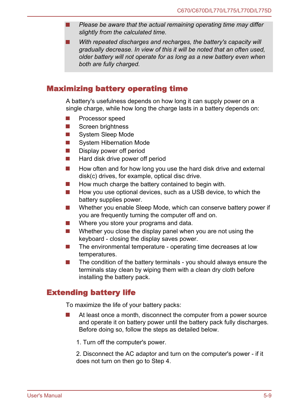 Maximizing battery operating time, Extending battery life | Toshiba Satellite L775D User Manual | Page 122 / 165