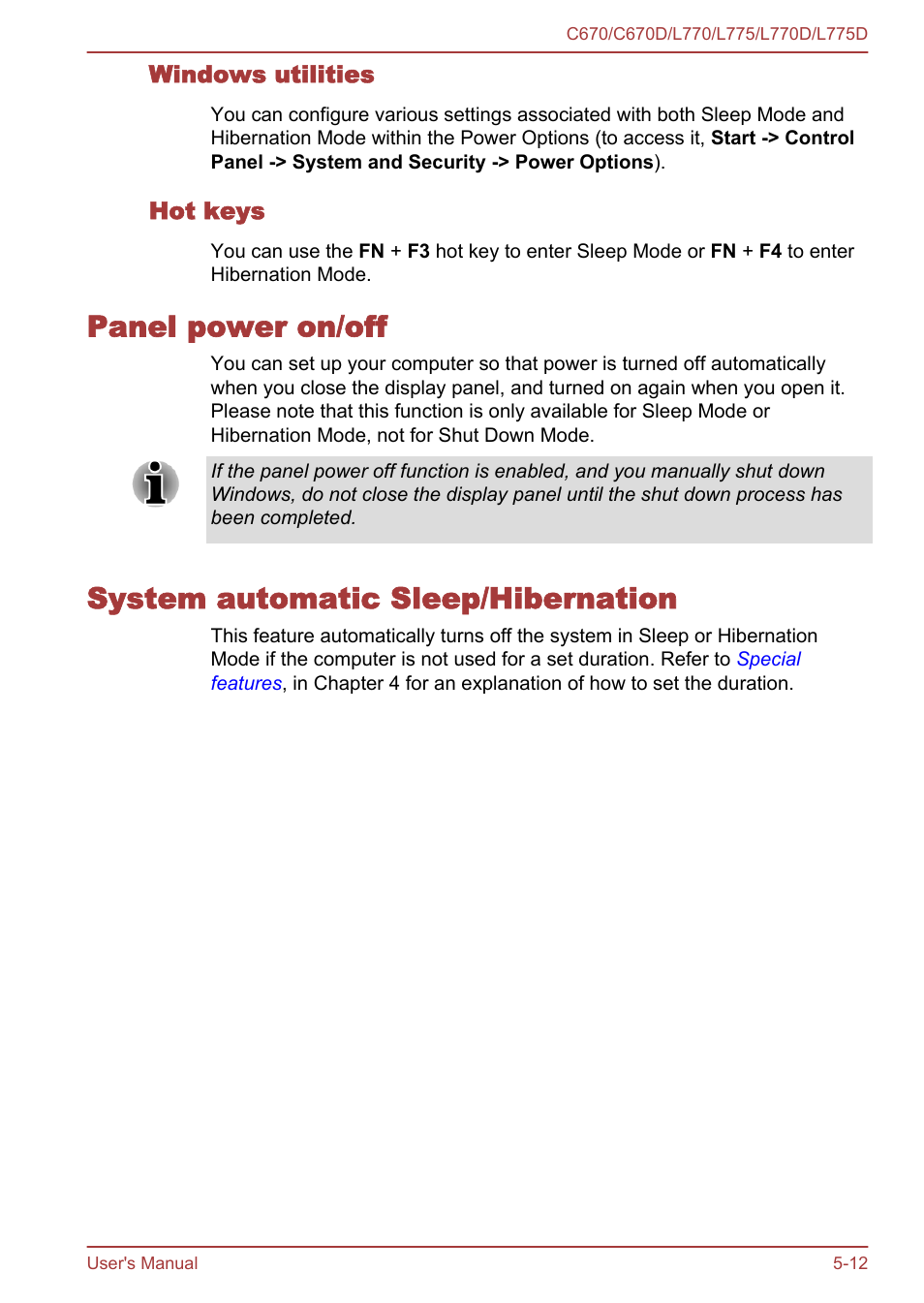 Windows utilities, Hot keys, Panel power on/off | System automatic sleep/hibernation | Toshiba Satellite L775D User Manual | Page 125 / 165