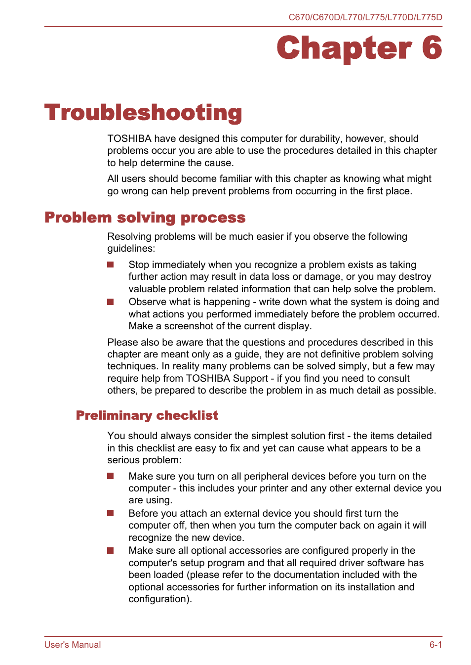 Chapter 6 troubleshooting, Problem solving process, Preliminary checklist | Chapter 6, Troubleshooting, Problem solving process -1 | Toshiba Satellite L775D User Manual | Page 126 / 165