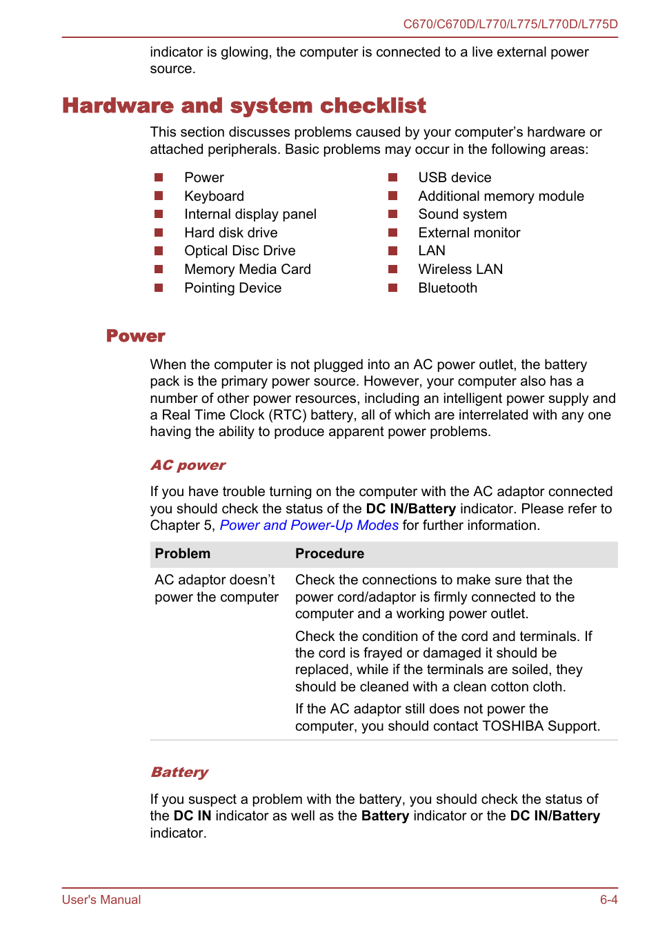 Hardware and system checklist, Power, Hardware and system checklist -4 | Toshiba Satellite L775D User Manual | Page 129 / 165