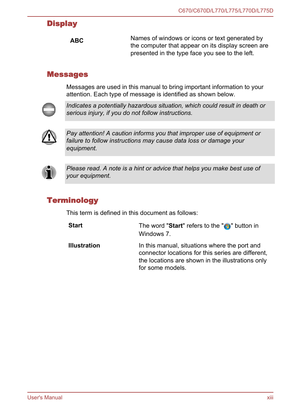 Display, Messages, Terminology | Toshiba Satellite L775D User Manual | Page 13 / 165