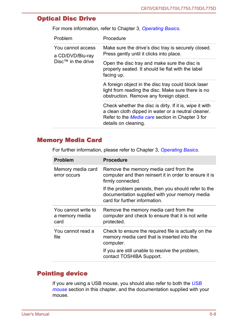 Optical disc drive, Memory media card, Pointing device | Toshiba Satellite L775D User Manual | Page 133 / 165