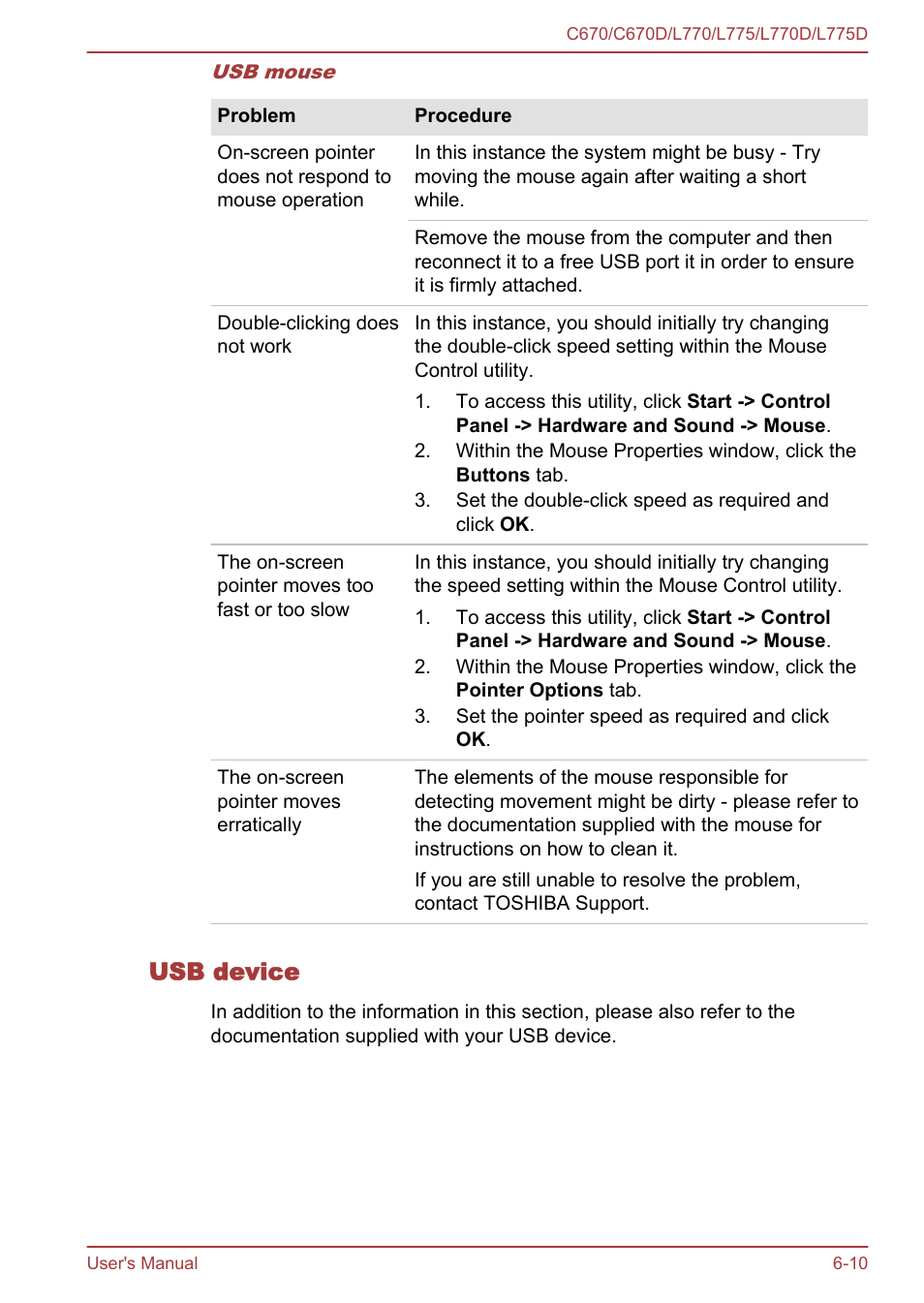 Usb device, Mouse | Toshiba Satellite L775D User Manual | Page 135 / 165