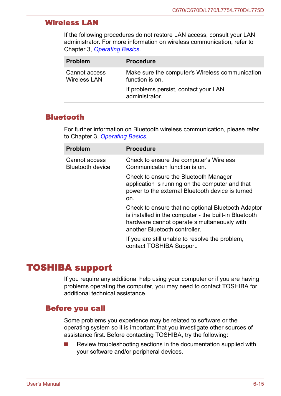 Wireless lan, Bluetooth, Toshiba support | Before you call, Toshiba support -15 | Toshiba Satellite L775D User Manual | Page 140 / 165