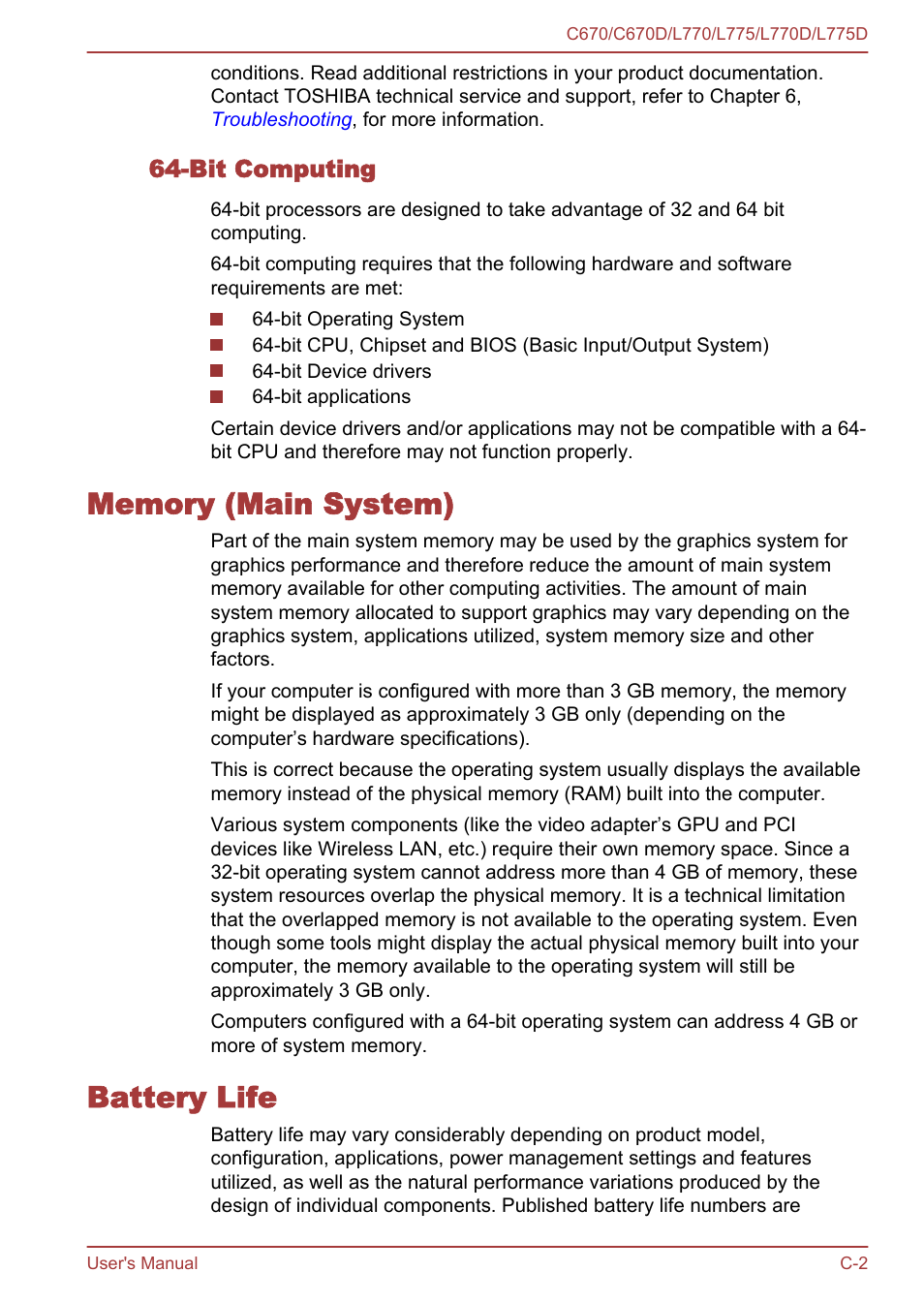 Bit computing, Memory (main system), Battery life | Toshiba Satellite L775D User Manual | Page 147 / 165