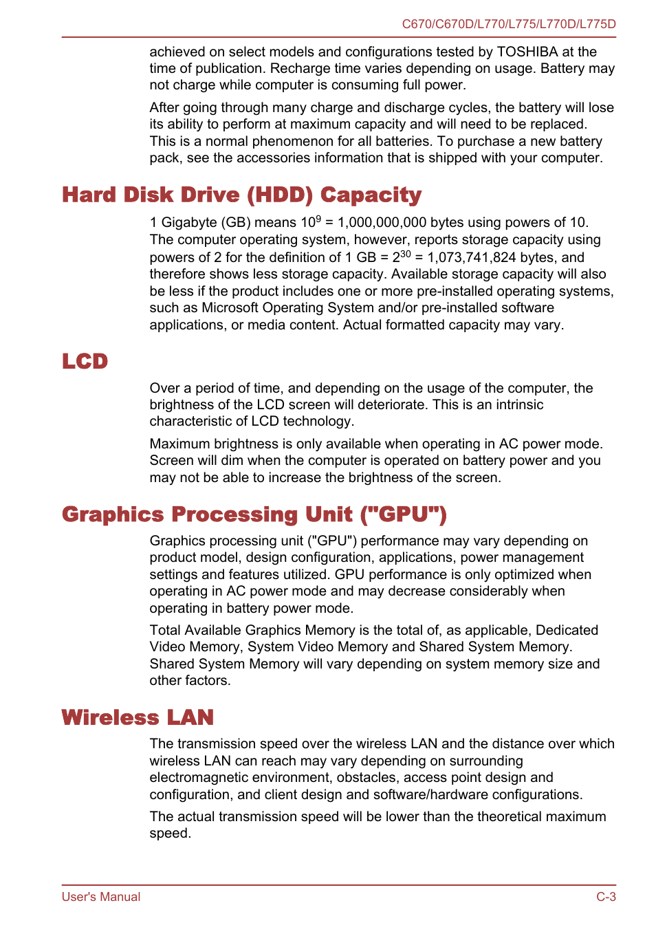 Hard disk drive (hdd) capacity, Graphics processing unit ("gpu"), Wireless lan | Toshiba Satellite L775D User Manual | Page 148 / 165
