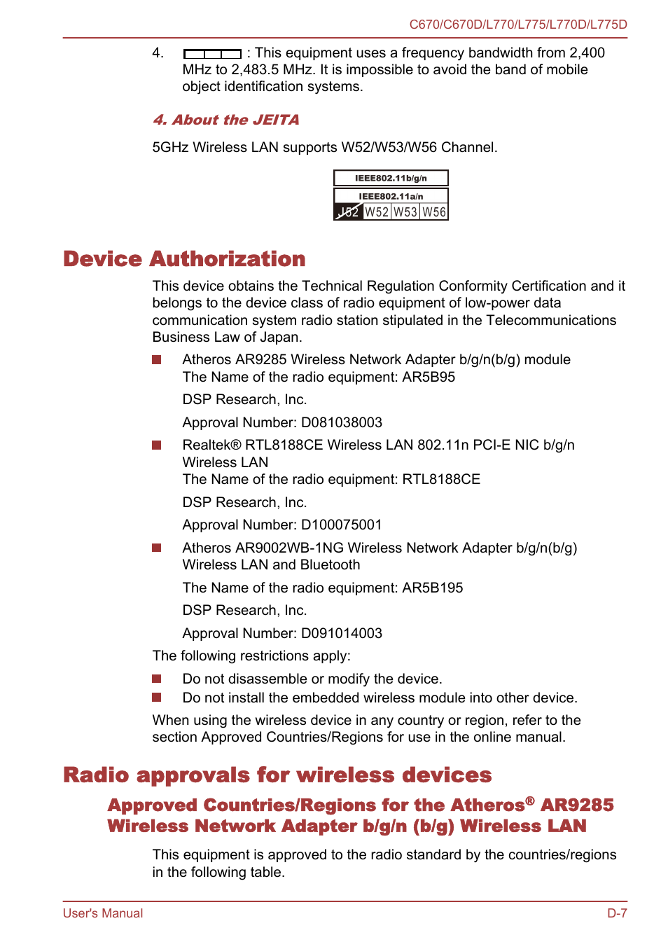 Device authorization, Radio approvals for wireless devices | Toshiba Satellite L775D User Manual | Page 156 / 165