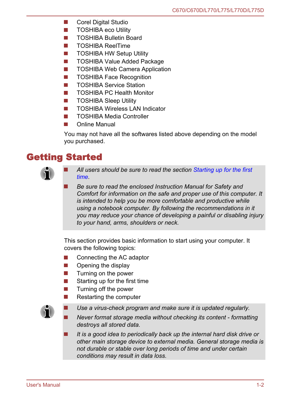 Getting started, Getting started -2 | Toshiba Satellite L775D User Manual | Page 17 / 165