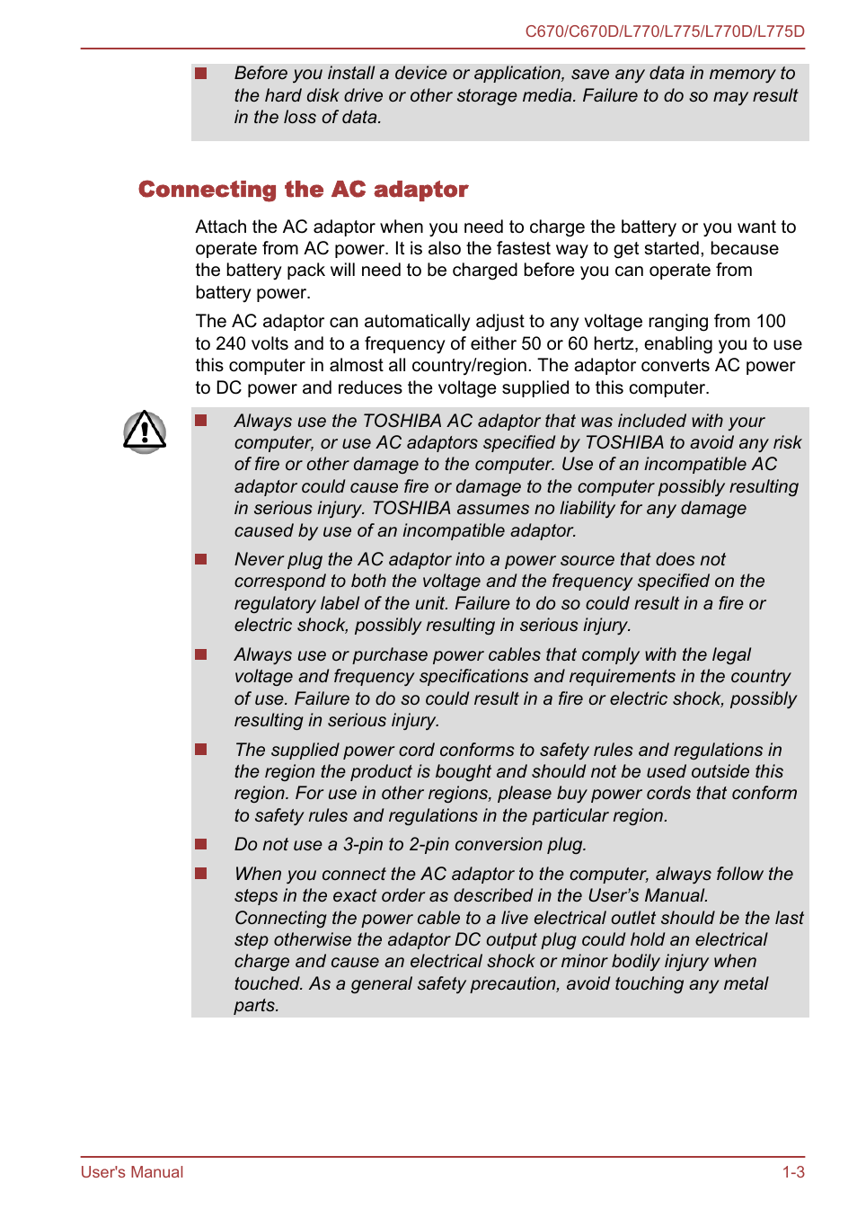 Connecting the ac adaptor | Toshiba Satellite L775D User Manual | Page 18 / 165