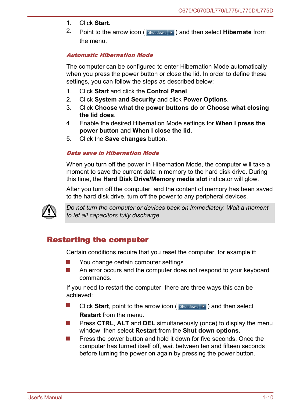 Restarting the computer | Toshiba Satellite L775D User Manual | Page 25 / 165