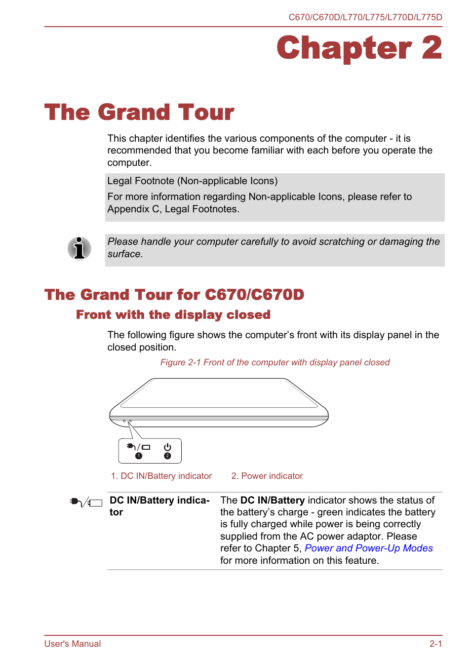 Chapter 2 the grand tour, The grand tour for c670/c670d, Front with the display closed | Chapter 2, The grand tour, The grand tour for c670/c670d -1 | Toshiba Satellite L775D User Manual | Page 26 / 165