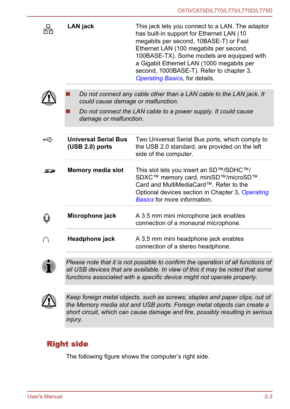 Right side | Toshiba Satellite L775D User Manual | Page 28 / 165