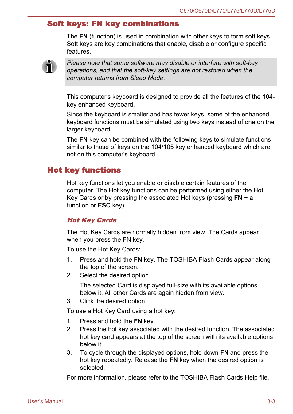 Soft keys: fn key combinations, Hot key functions | Toshiba Satellite L775D User Manual | Page 47 / 165