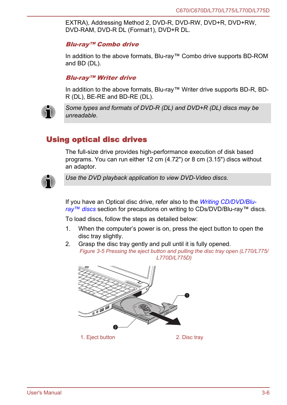 Using optical disc drives | Toshiba Satellite L775D User Manual | Page 50 / 165
