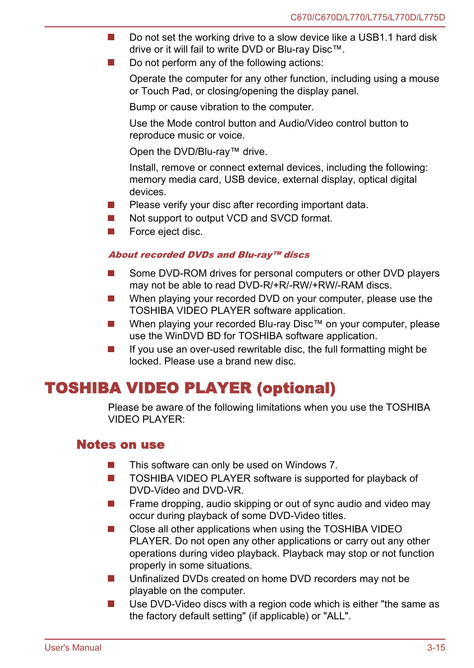 Toshiba video player (optional), Notes on use, Toshiba video player (optional) -15 | Toshiba Satellite L775D User Manual | Page 59 / 165