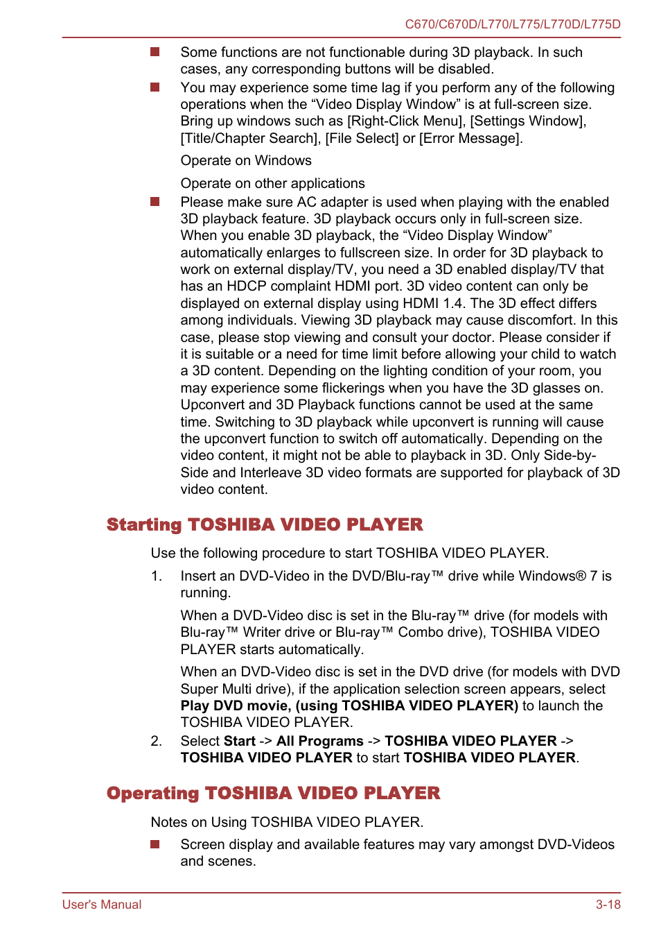 Starting toshiba video player, Operating toshiba video player | Toshiba Satellite L775D User Manual | Page 62 / 165