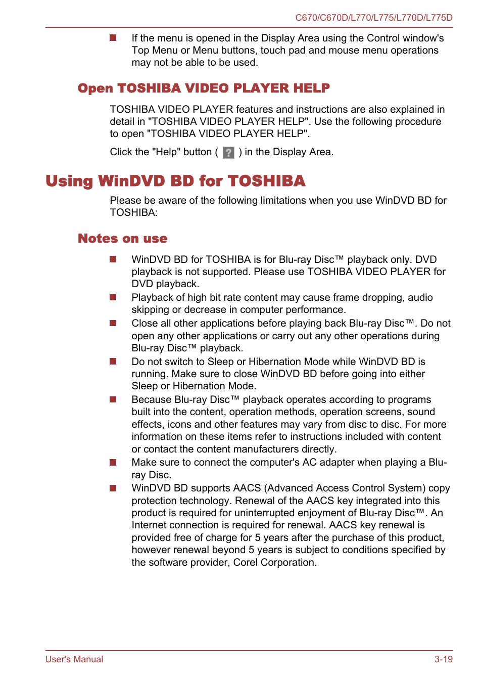 Open toshiba video player help, Using windvd bd for toshiba, Notes on use | Using windvd bd for toshiba -19 | Toshiba Satellite L775D User Manual | Page 63 / 165