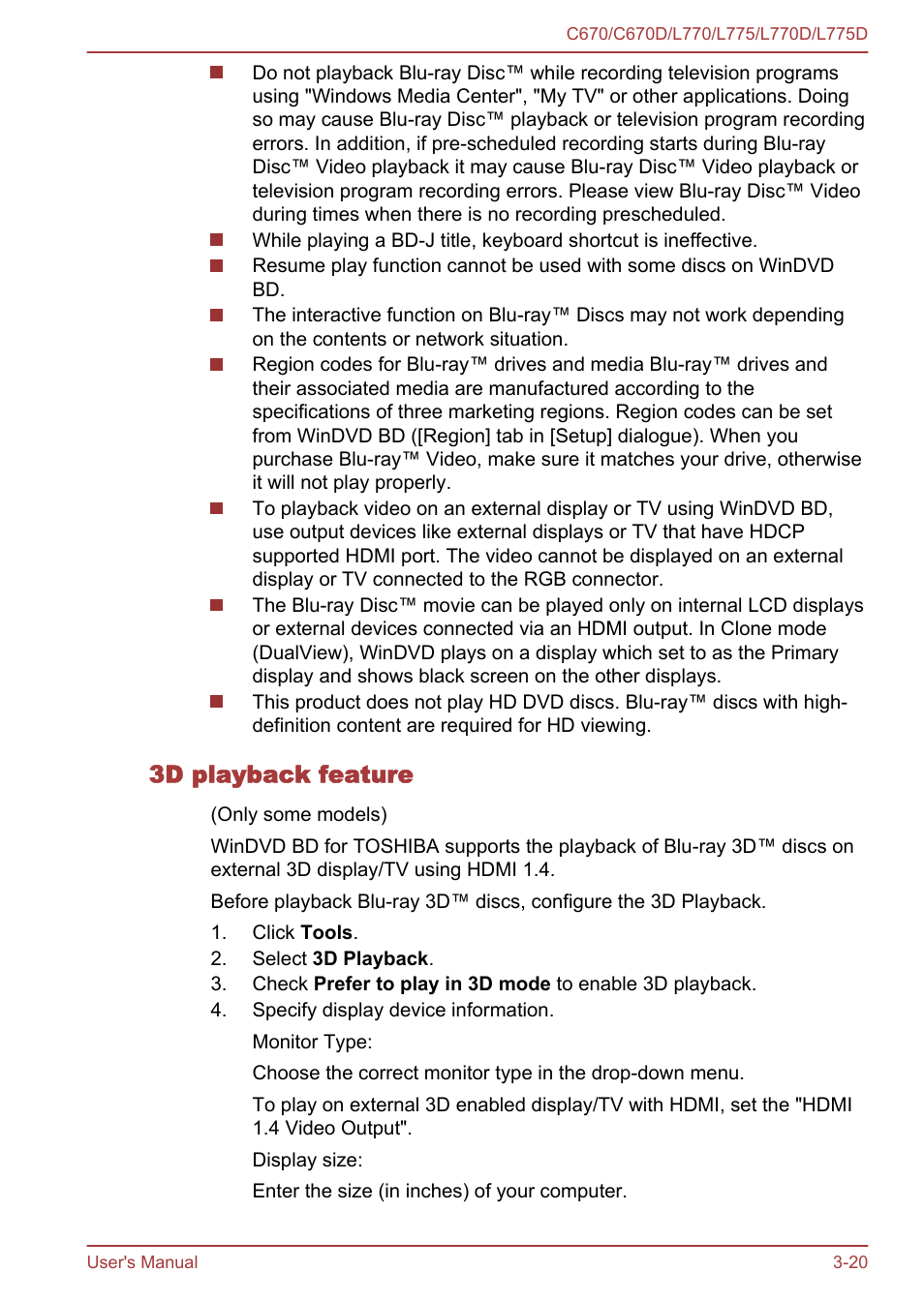 3d playback feature | Toshiba Satellite L775D User Manual | Page 64 / 165