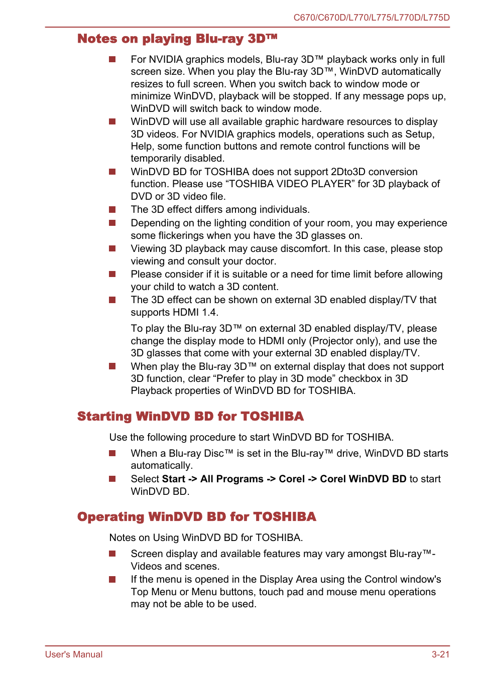 Notes on playing blu-ray 3d, Starting windvd bd for toshiba, Operating windvd bd for toshiba | Toshiba Satellite L775D User Manual | Page 65 / 165