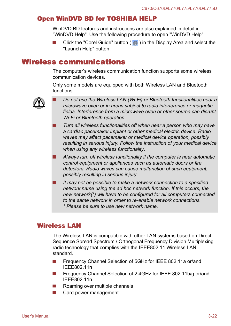 Open windvd bd for toshiba help, Wireless communications, Wireless lan | Wireless communications -22 | Toshiba Satellite L775D User Manual | Page 66 / 165