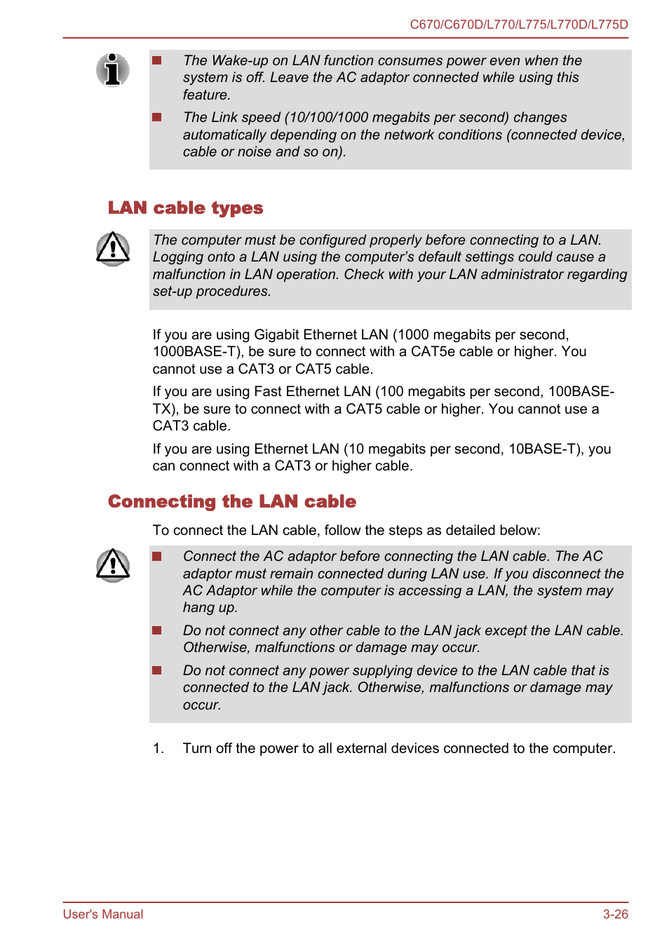 Lan cable types, Connecting the lan cable | Toshiba Satellite L775D User Manual | Page 70 / 165