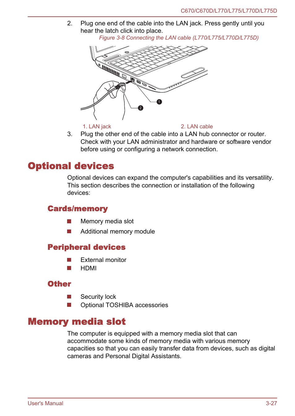 Optional devices, Cards/memory, Peripheral devices | Other, Memory media slot, Optional devices -27 memory media slot -27 | Toshiba Satellite L775D User Manual | Page 71 / 165