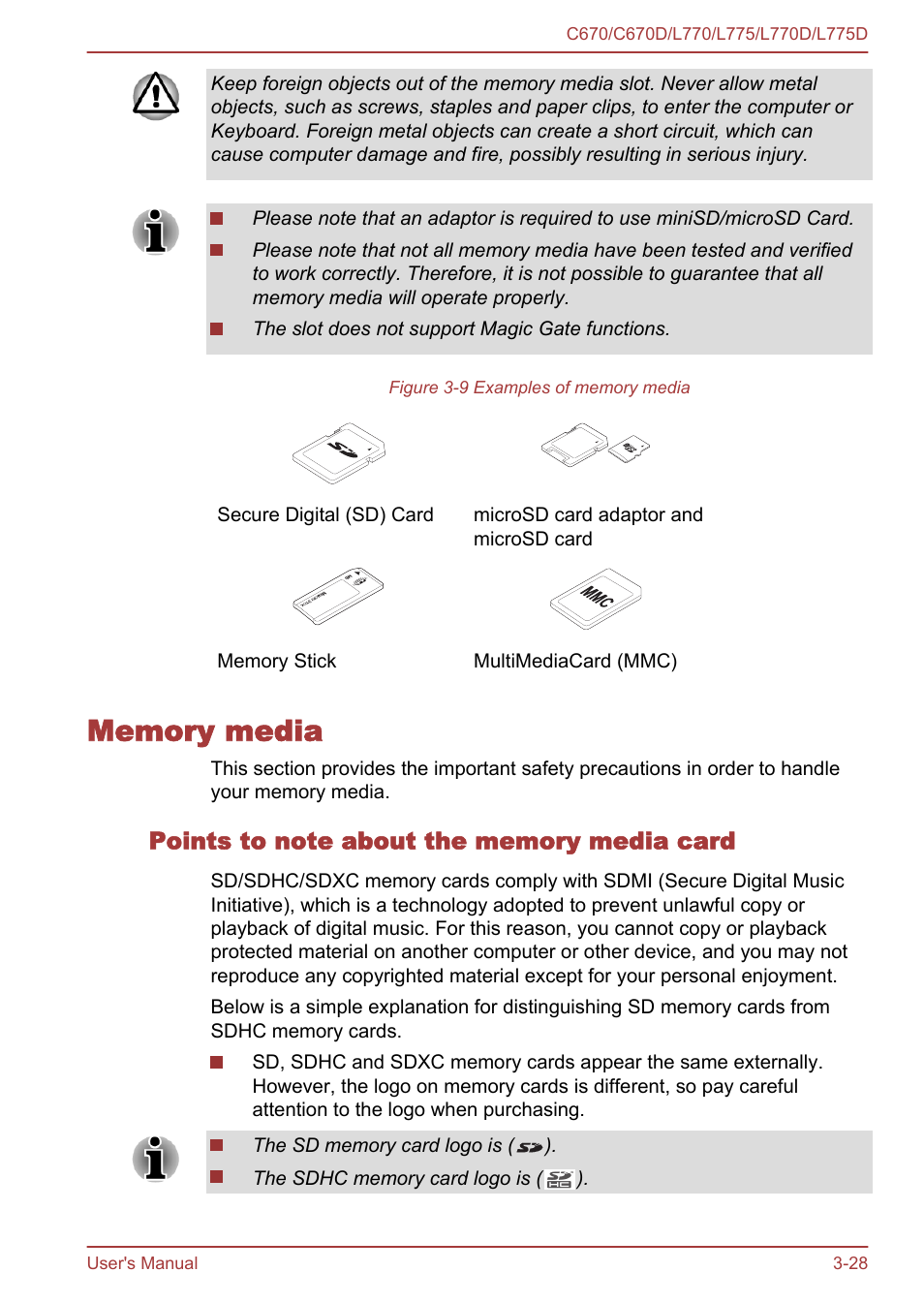 Memory media, Points to note about the memory media card, Memory media -28 | Toshiba Satellite L775D User Manual | Page 72 / 165