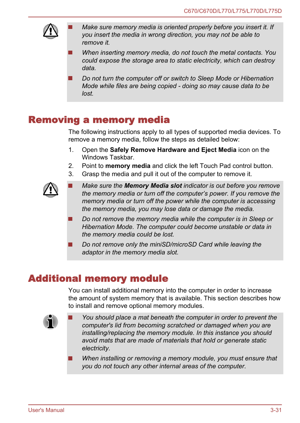 Removing a memory media, Additional memory module, Section in | Toshiba Satellite L775D User Manual | Page 75 / 165