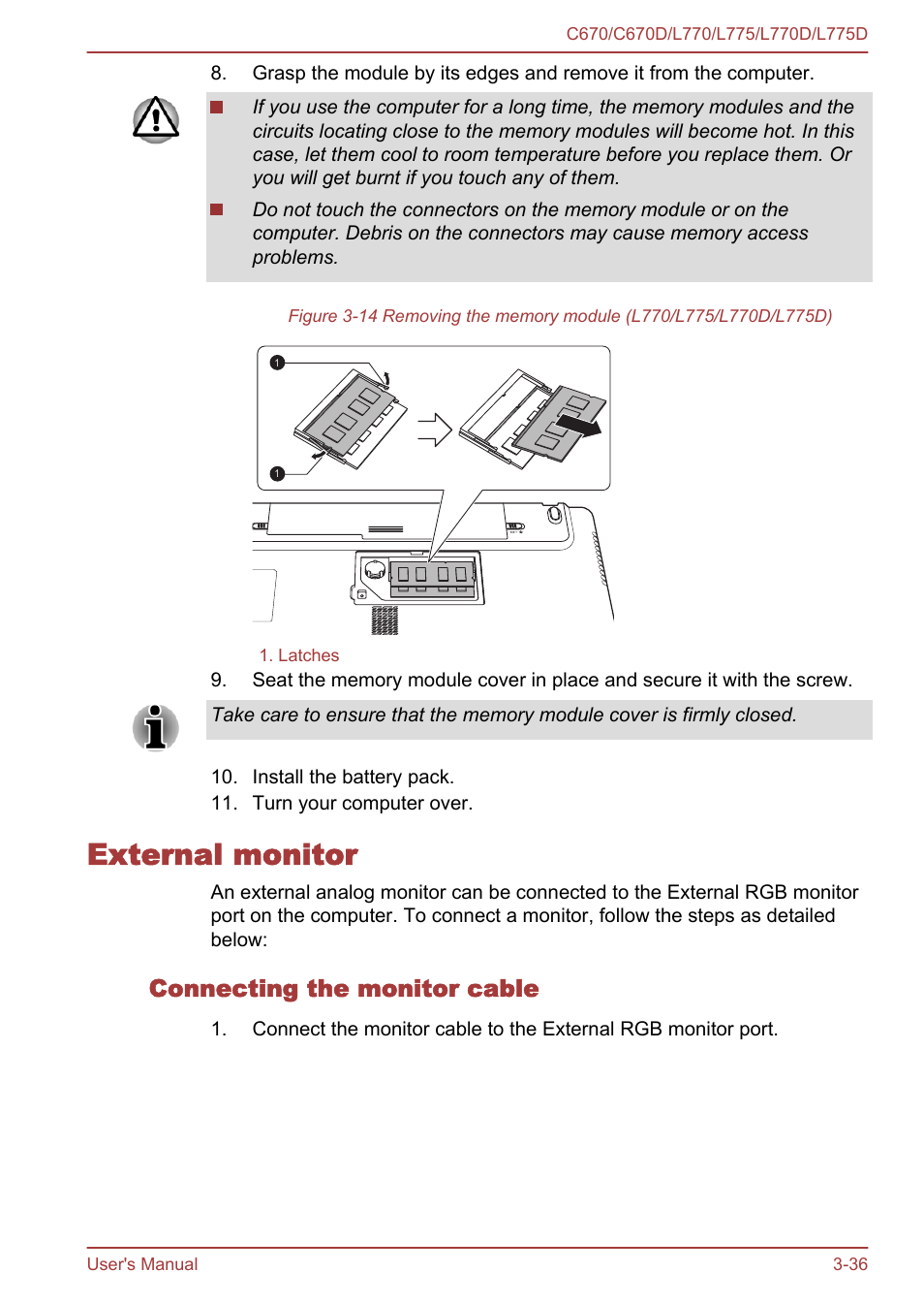 External monitor, Connecting the monitor cable, External monitor -36 | Toshiba Satellite L775D User Manual | Page 80 / 165