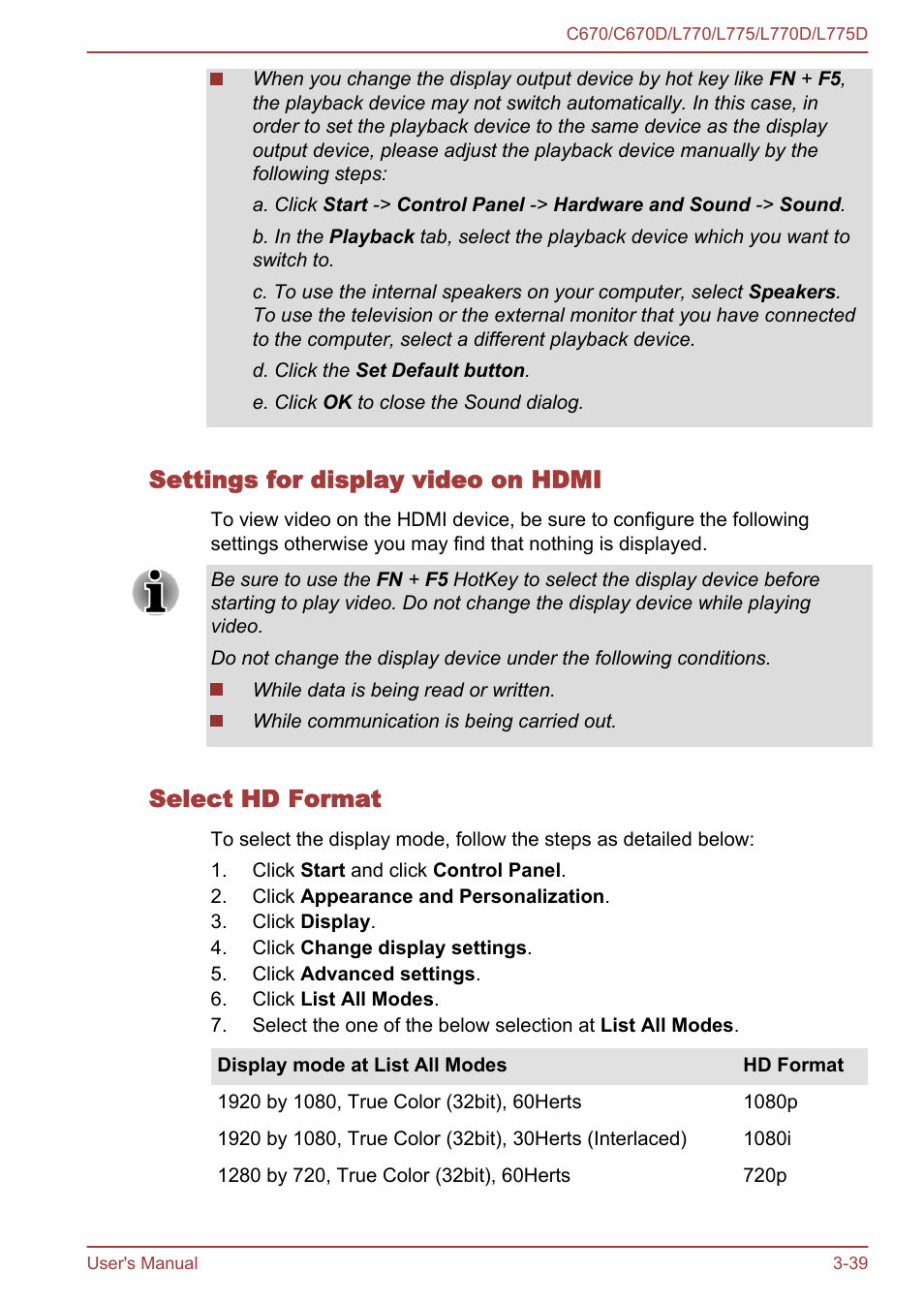 Settings for display video on hdmi, Select hd format | Toshiba Satellite L775D User Manual | Page 83 / 165