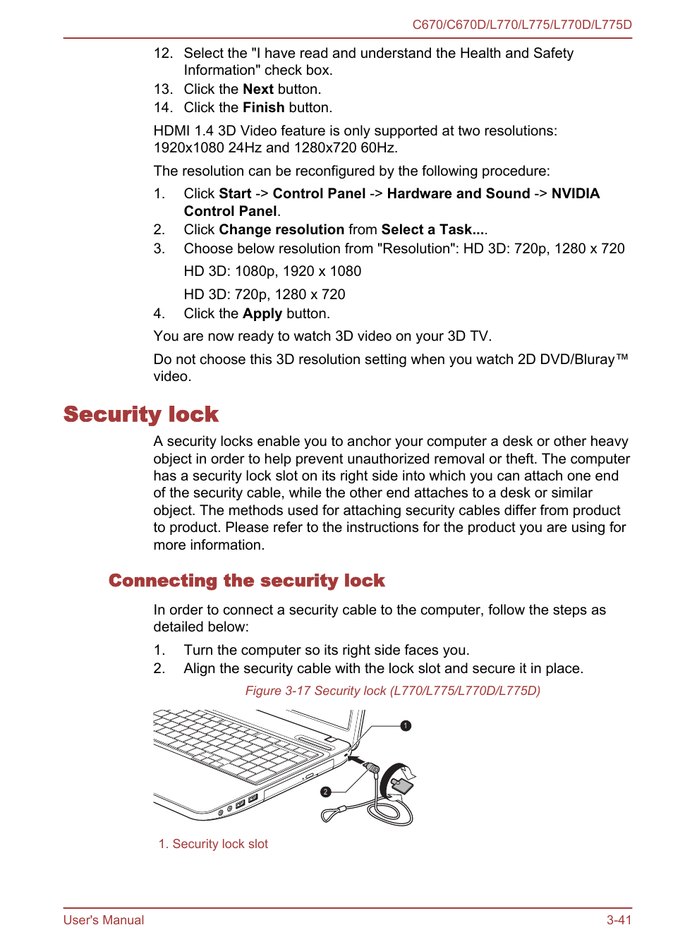 Security lock, Connecting the security lock, Security lock -41 | Toshiba Satellite L775D User Manual | Page 85 / 165