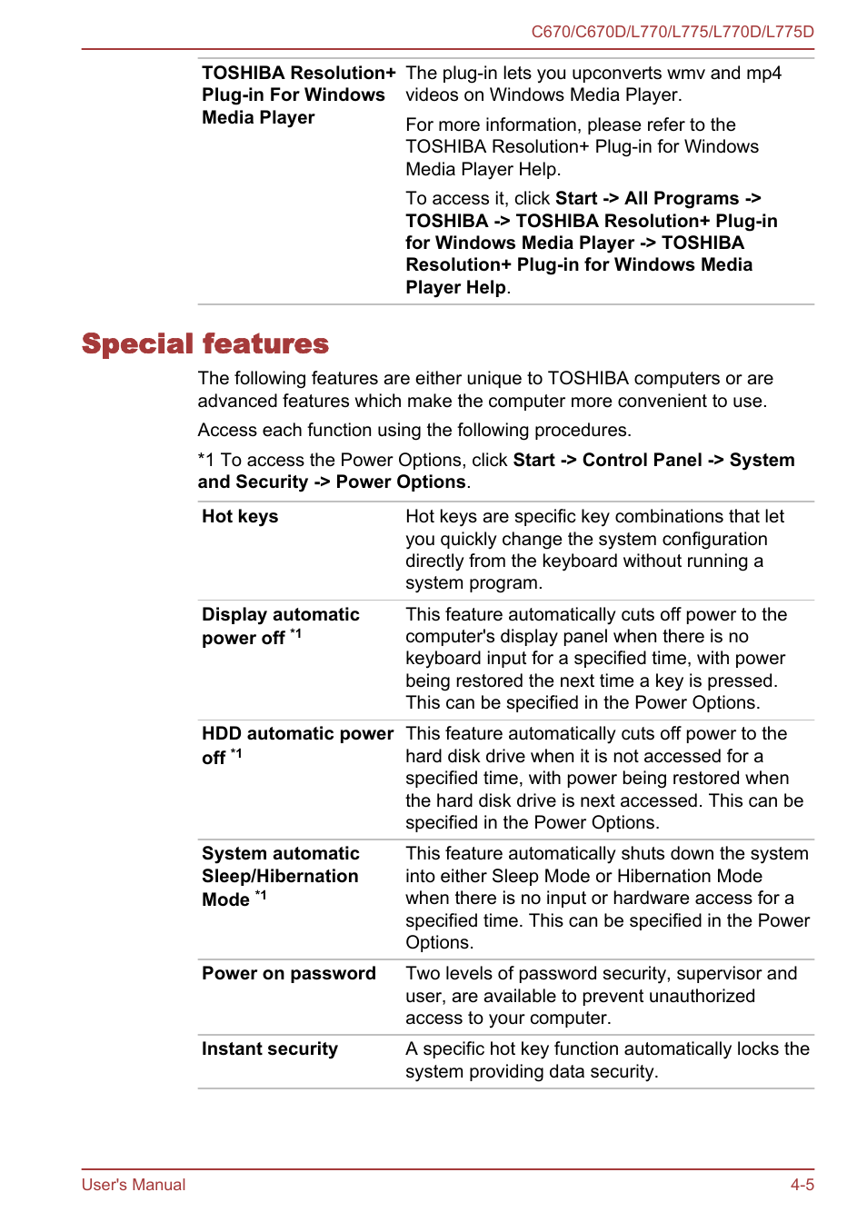 Special features, Special features -5 | Toshiba Satellite L775D User Manual | Page 95 / 165