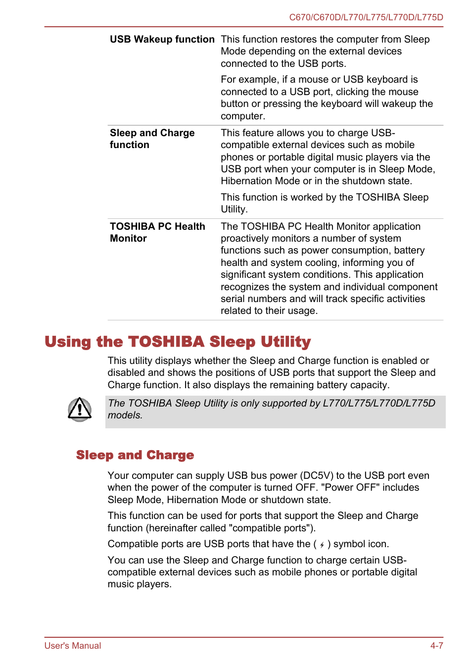 Using the toshiba sleep utility, Sleep and charge, Using the toshiba sleep utility -7 | Toshiba Satellite L775D User Manual | Page 97 / 165