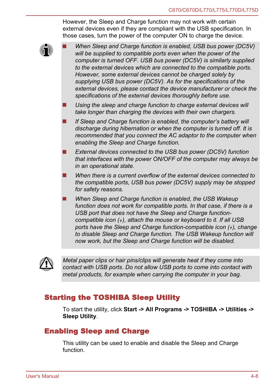 Starting the toshiba sleep utility, Enabling sleep and charge | Toshiba Satellite L775D User Manual | Page 98 / 165