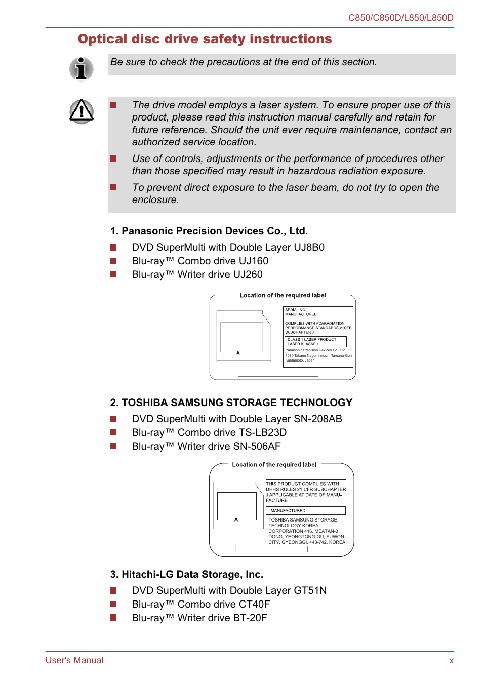 Optical disc drive safety instructions | Toshiba Satellite L855 User Manual | Page 10 / 152