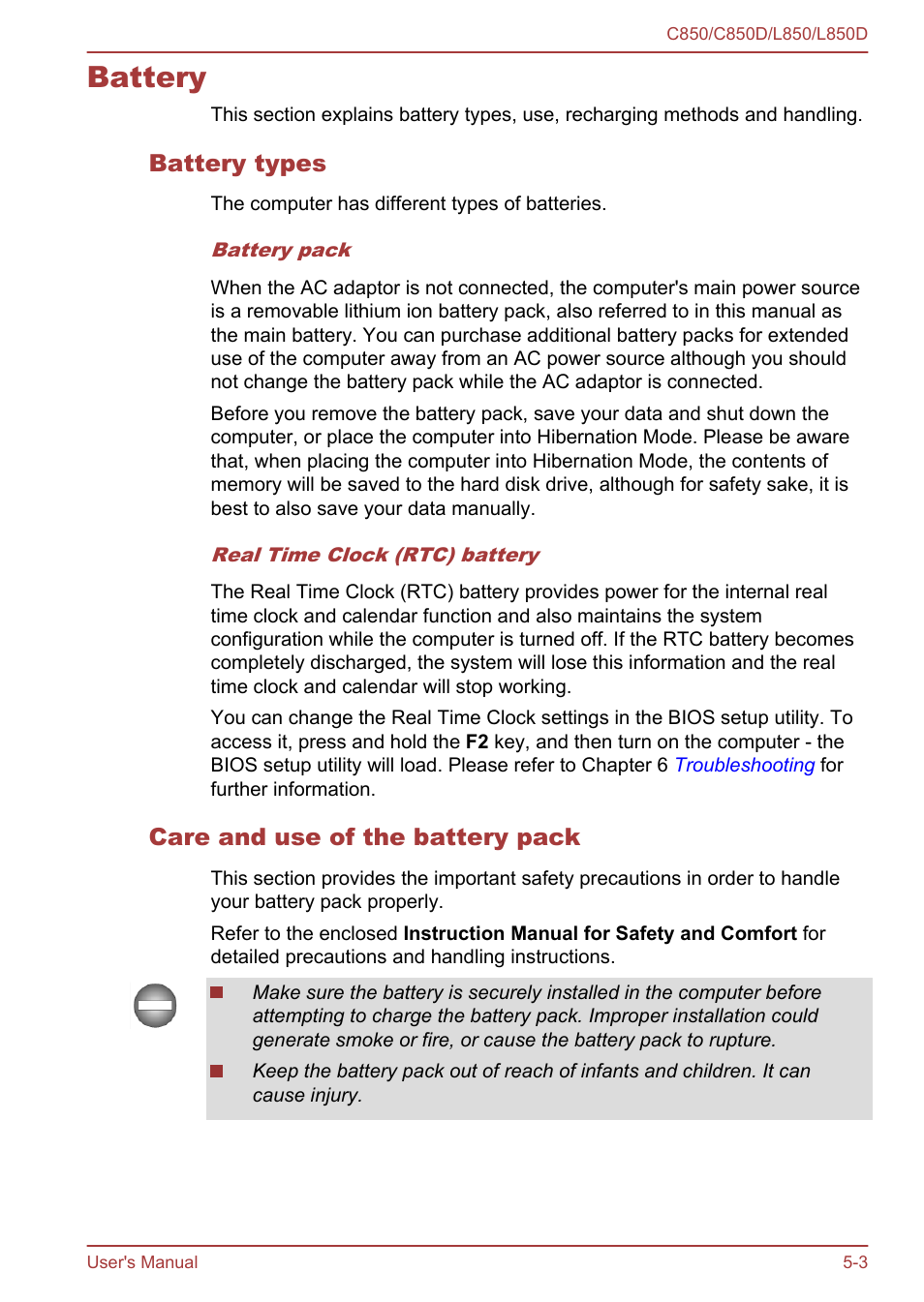 Battery, Battery types, Care and use of the battery pack | Battery -3 | Toshiba Satellite L855 User Manual | Page 105 / 152