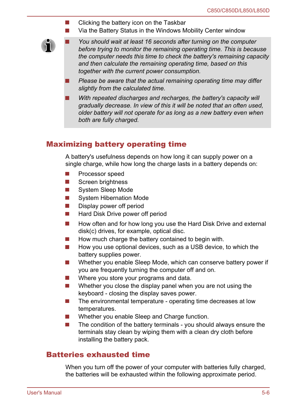 Maximizing battery operating time, Batteries exhausted time | Toshiba Satellite L855 User Manual | Page 108 / 152