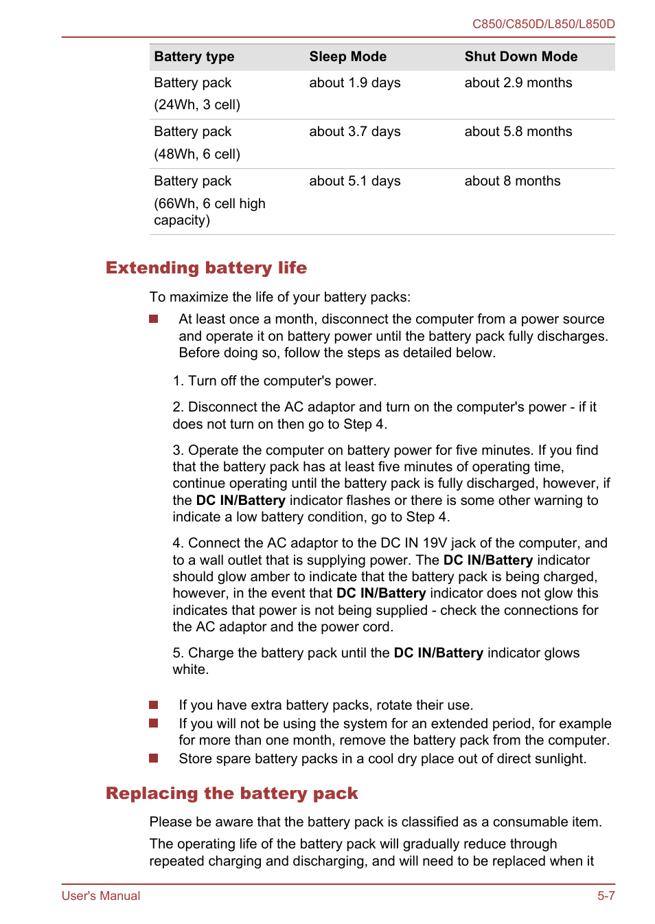 Extending battery life, Replacing the battery pack, Section in | Toshiba Satellite L855 User Manual | Page 109 / 152