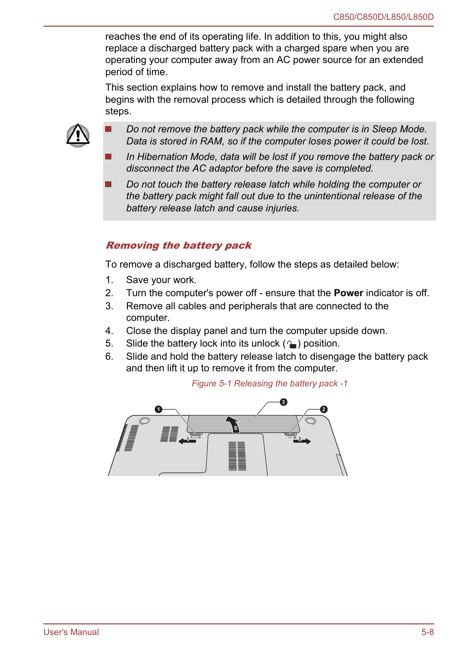 Removing the battery pack | Toshiba Satellite L855 User Manual | Page 110 / 152