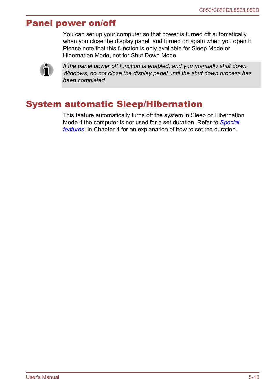 Panel power on/off, System automatic sleep/hibernation | Toshiba Satellite L855 User Manual | Page 112 / 152